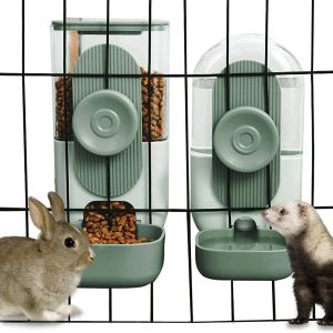 Lemtrflo Hanging Automatic Food and Water Dispenser, Gravity Rabbit Feeder Set, Cage Cat and Bunny Food Bowl (Cage Grid Spacing Over 1.2'')
