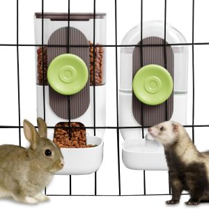 Lemtrflo Hanging Automatic Food Water Dispenser,Gravity Rabbit Feeder, Water Dispenser Food Bowl for Bunny Chinchilla Guinea Pig Hedgehog Ferret (White Brown)