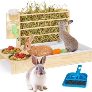4 in 1 Rabbit Hay Feeder with Litter Box, Small Animals Hay Rack with Water Bottle, and 2 Bowls, Wooden Bunny Hay Holder Feeder Toilet Combo for Rabbit, Guinea Pig, Hamster, Hedgehog, Chinchillas