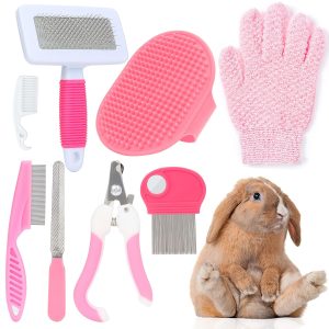 VCZONE Animal Grooming Kit with Nail Clipper, Flea Comb, Shampoo Brush, Slicker Brush, Massage Glove for Rabbits